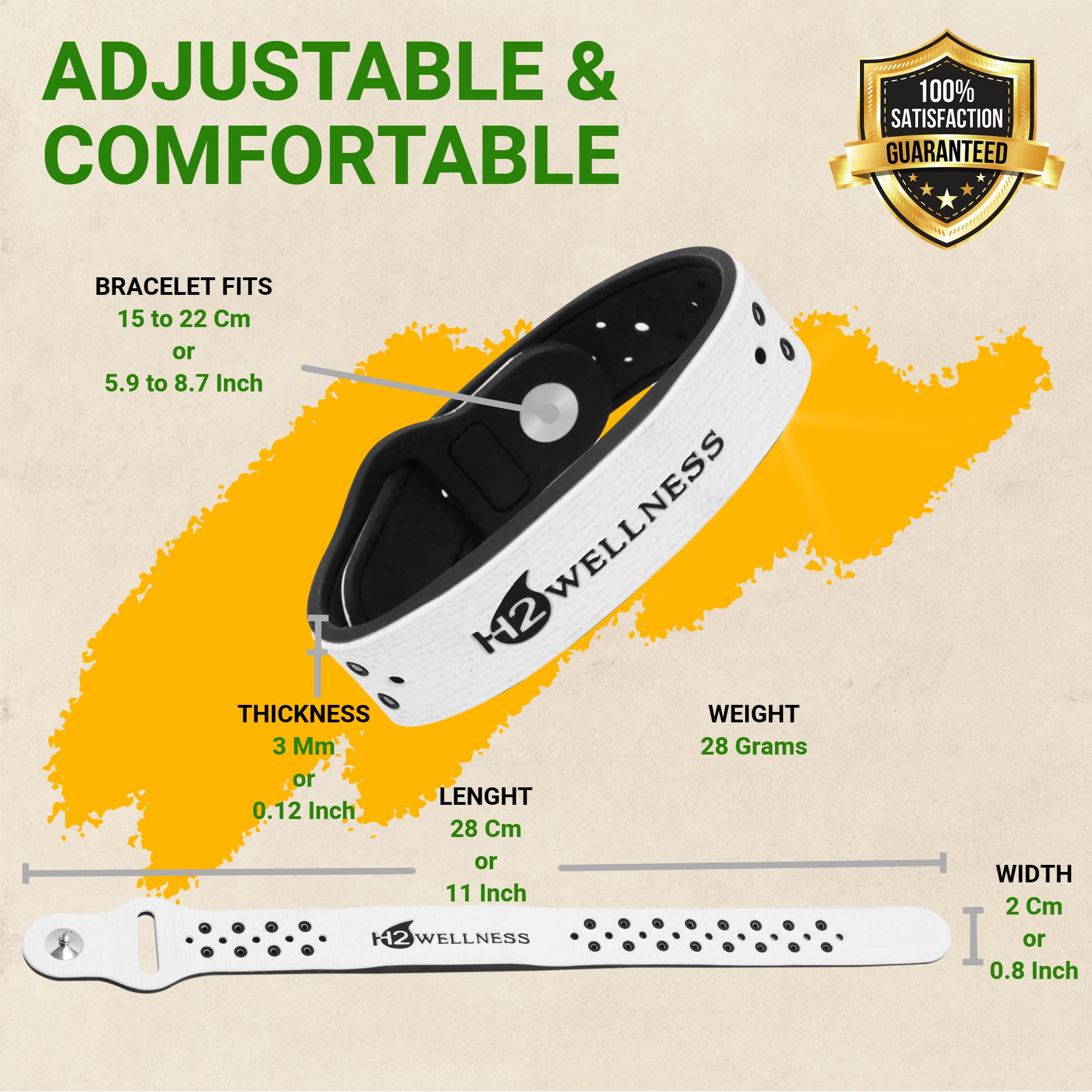 Adjustable H2WELLNESS bracelet fits wrists from 15 cm to 22 cm for secure wear.