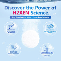 60-count bottle label featuring H2XEN hydrogen tablets.