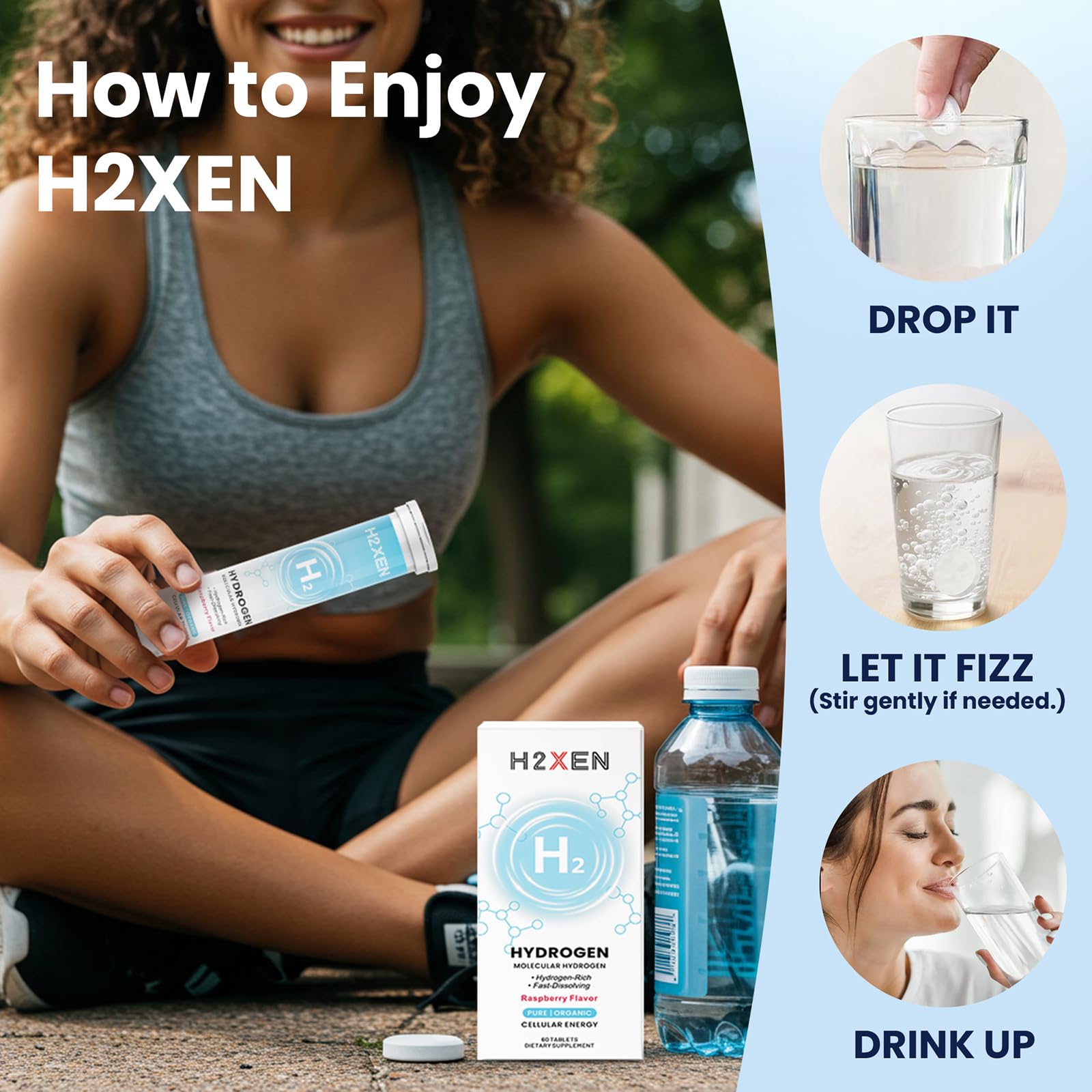 Active lifestyle scene with H2XEN tablets and workout bottle.