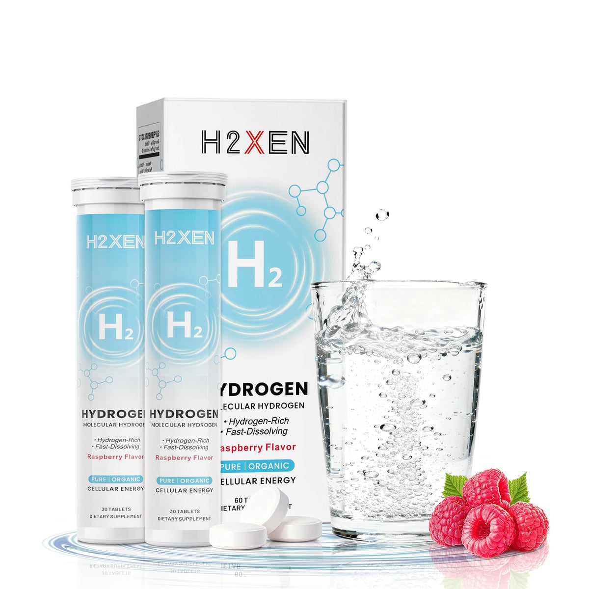 H2XEN raspberry hydrogen tablets in bottle for clean hydration.