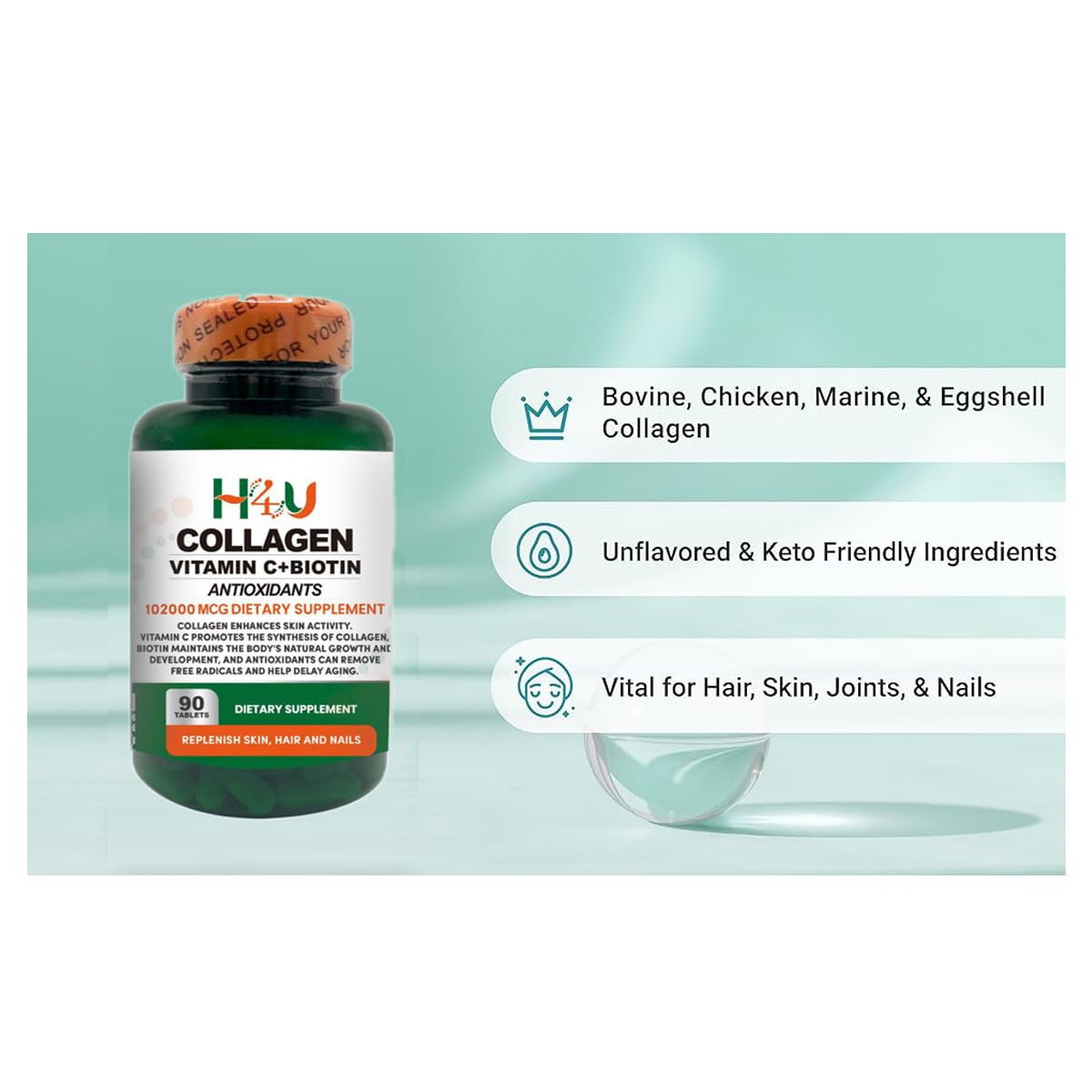 Skin glow concept next to H4U product suggesting hydration support.