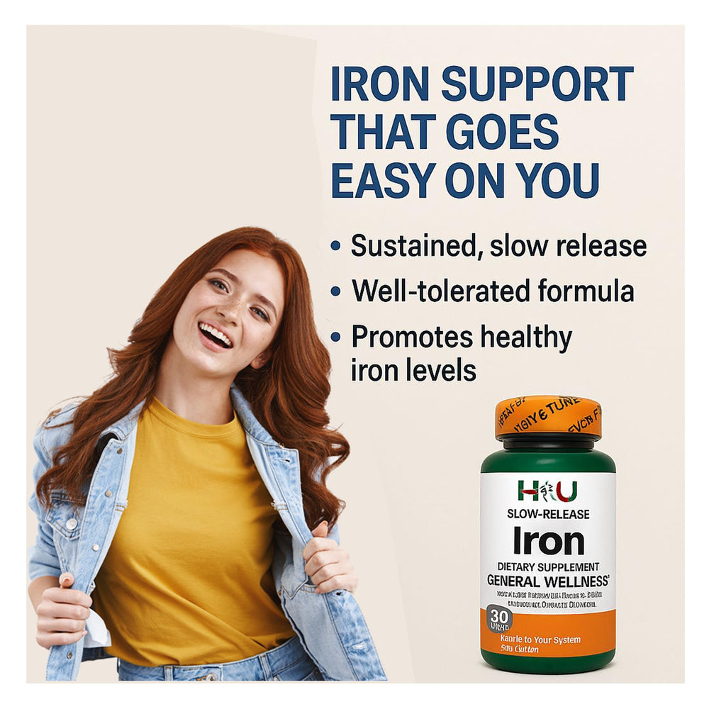 H4U iron supplement in glass with pills for everyday use.