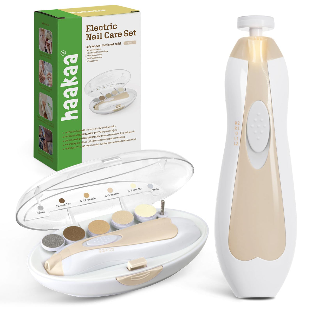 Haakaa Baby Nail Care Electric File with LED light for precise, gentle trimming.