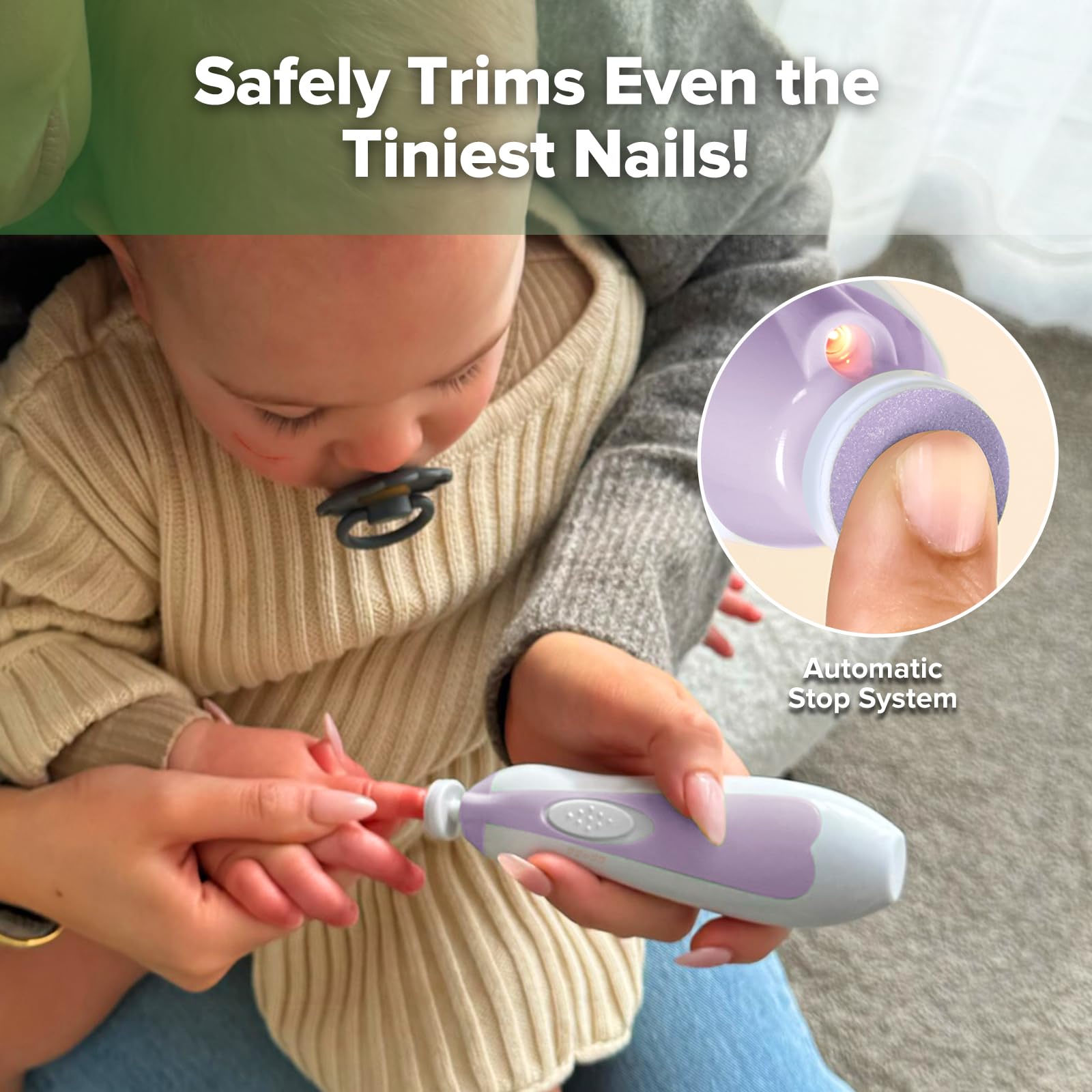 Haakaa nail trimmer shows adjustable speeds for gentle infant filing.