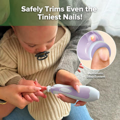 Haakaa nail trimmer shows adjustable speeds for gentle infant filing.