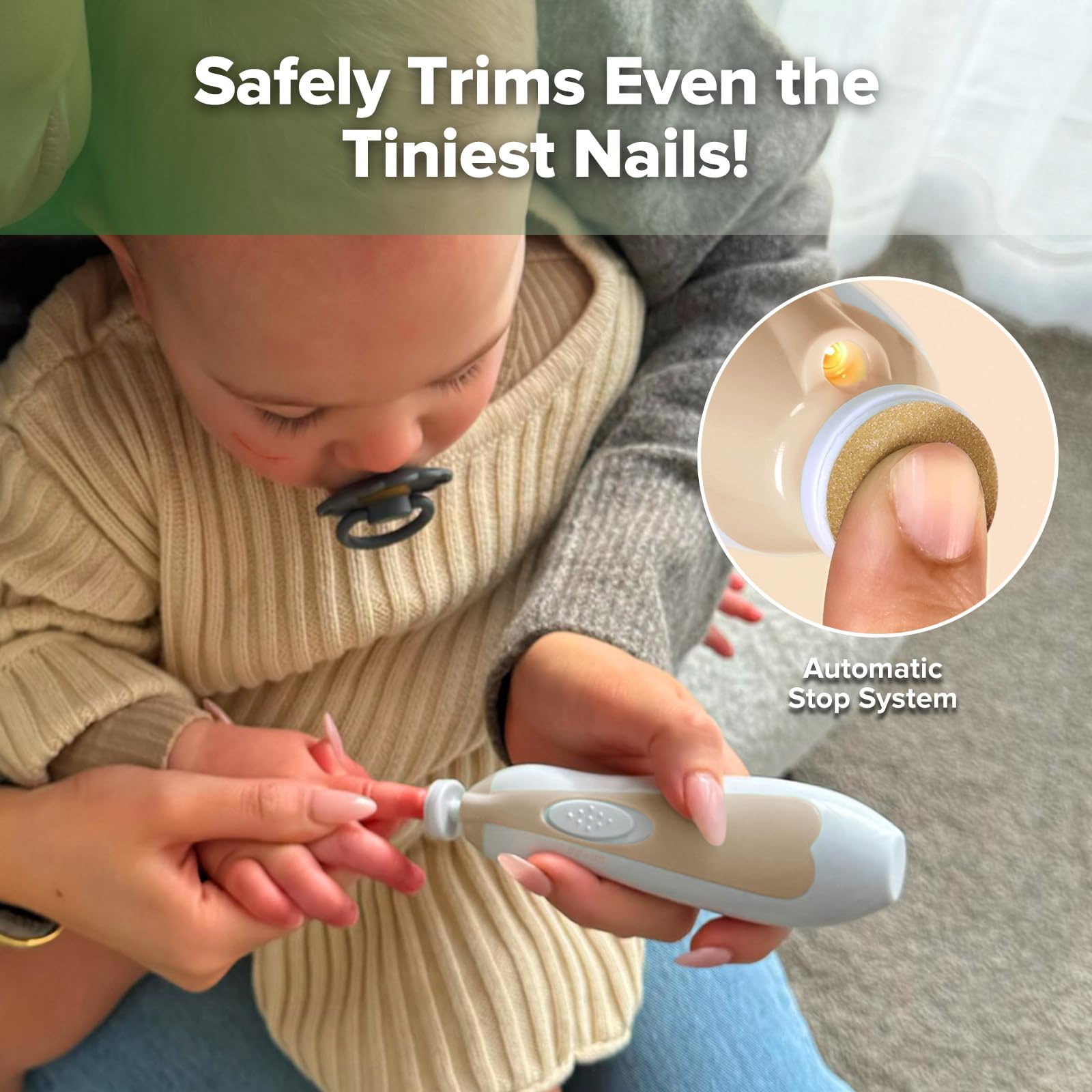 Haakaa electric nail trimmer with one-button control for simple operation.