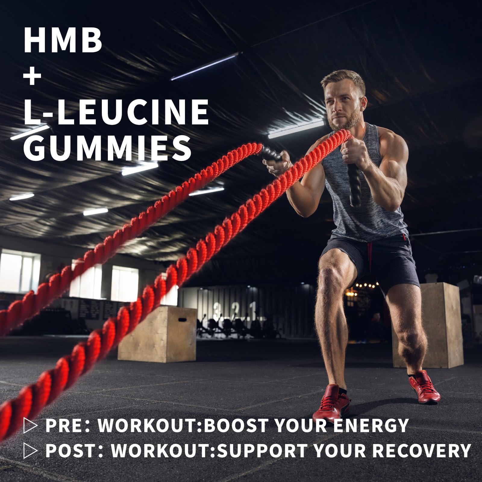 HAAYI HMB and Leucine Gummies workout-scene showcasing easy post-workout recovery