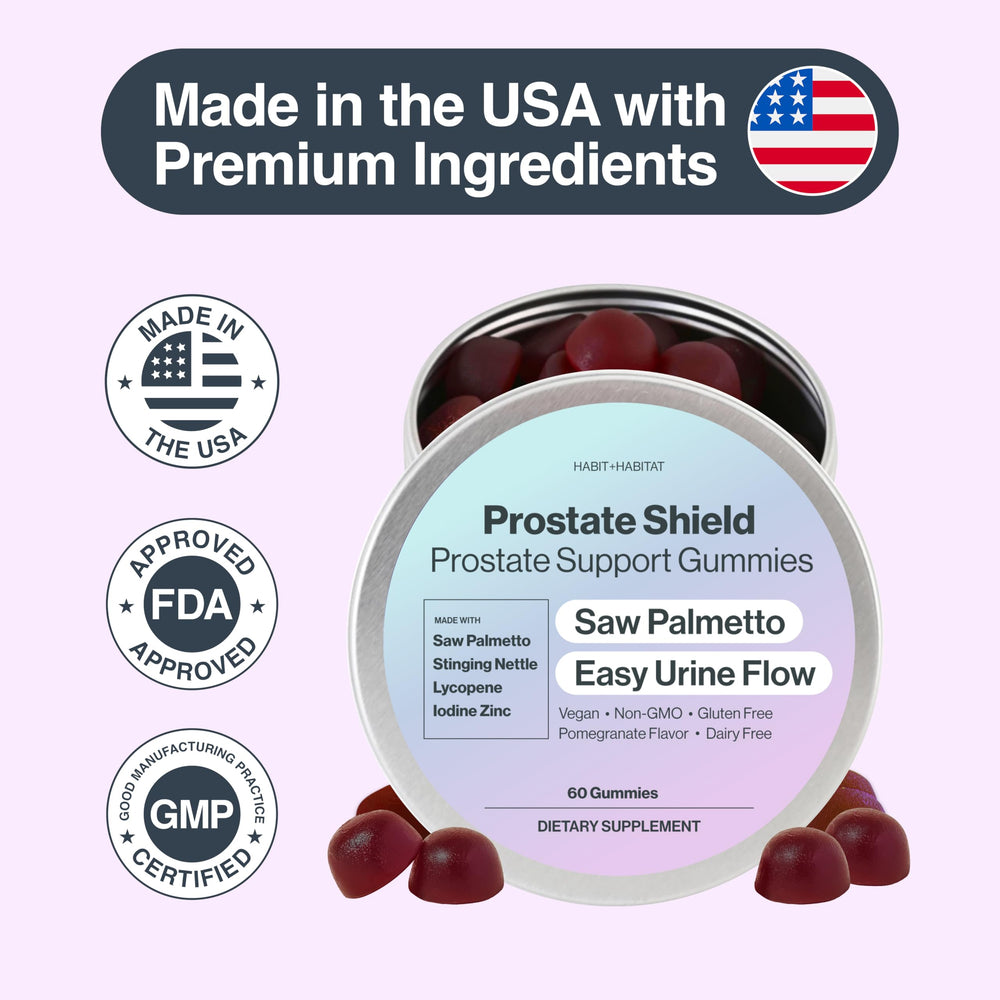Habit + Habitat Prostate Shield Gummies made in USA badge, GMP-certified production.