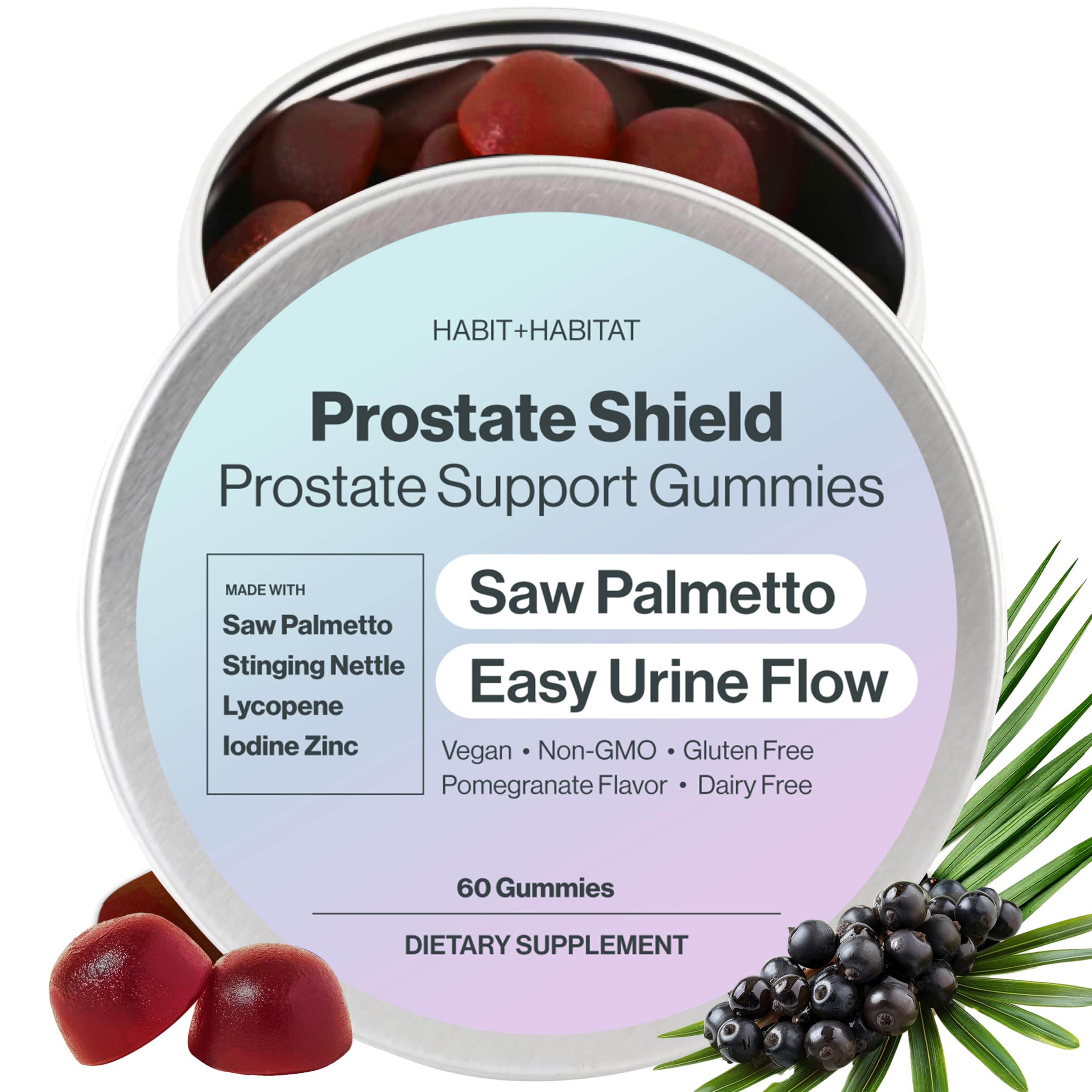 Habit + Habitat Prostate Shield Gummies tin front, convenient daily support in a tasty raspberry-pomegranate chew.