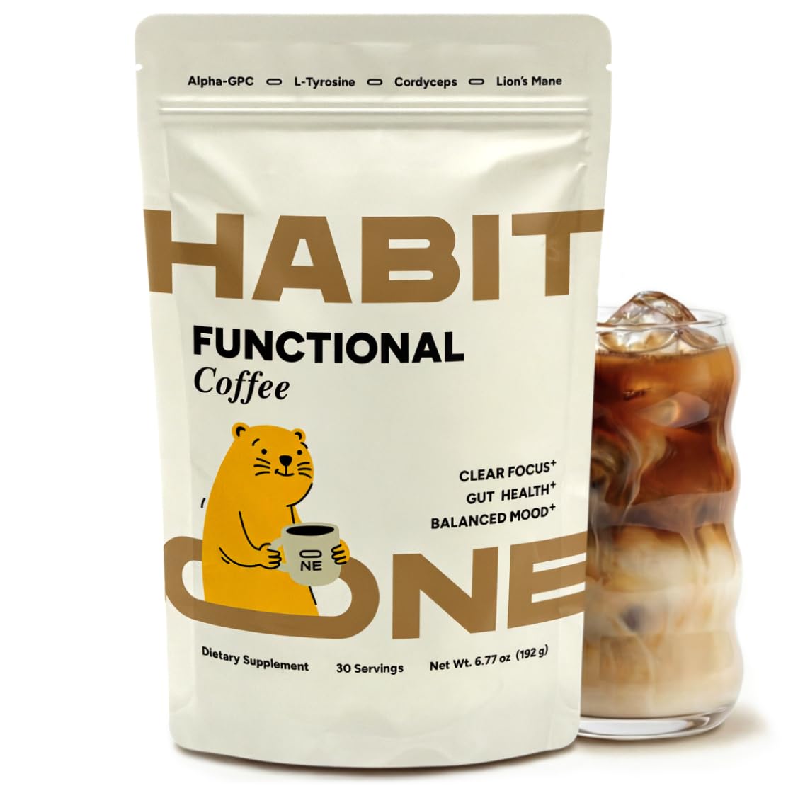 HabitONE instant mushroom coffee bottle showing quick energy and aroma