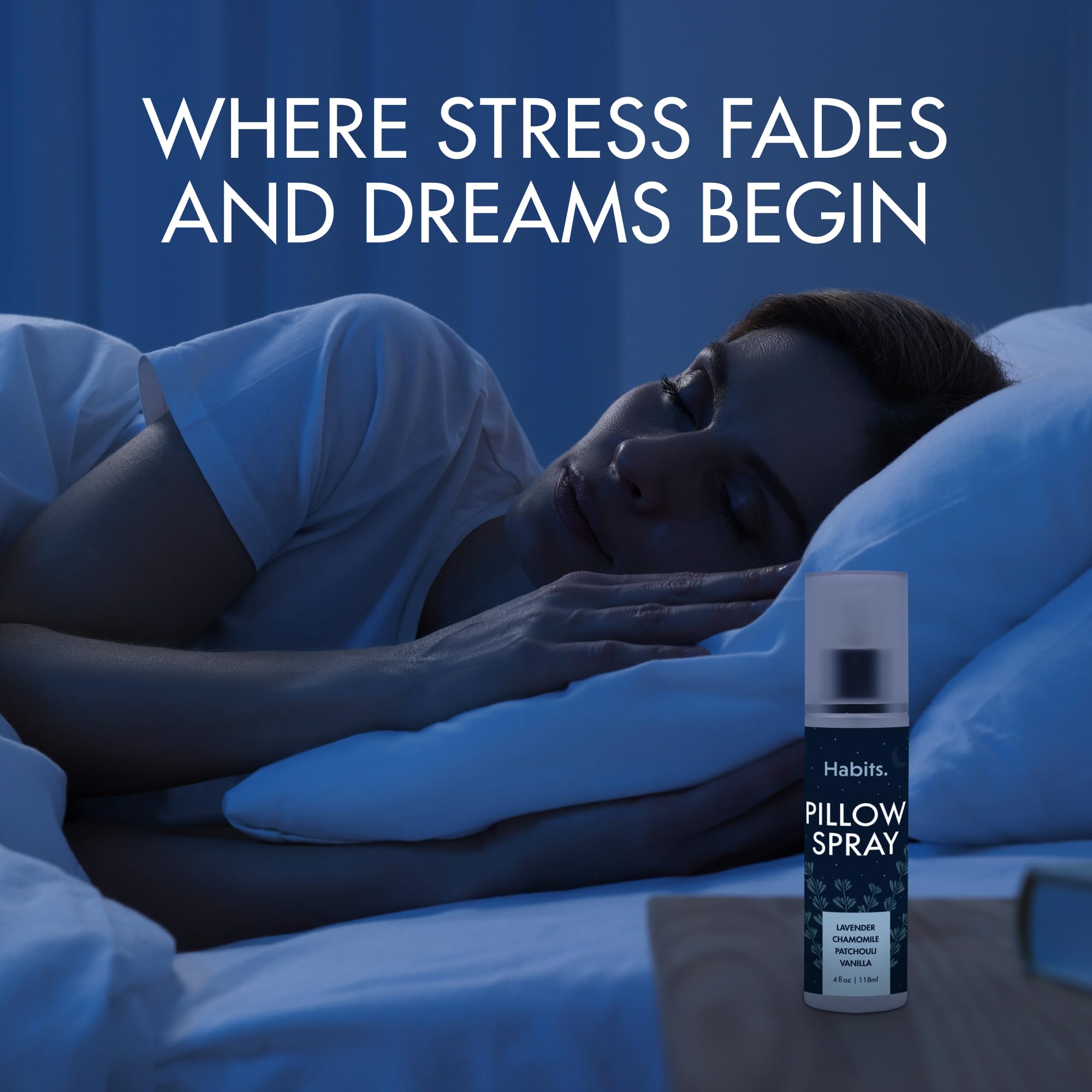 Habits lavender pillow spray in a cozy bedroom scene for nightly routines