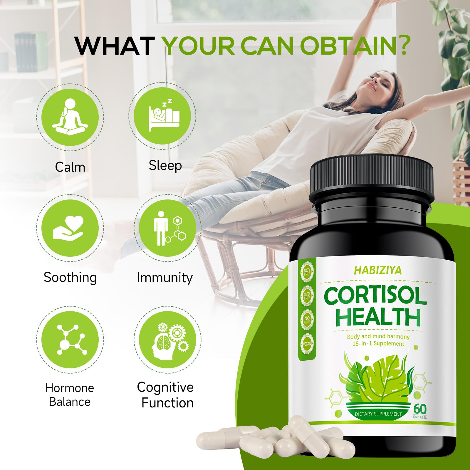 HABIZIYA Cortisol Manager with Ashwagandha root extract for natural calm.