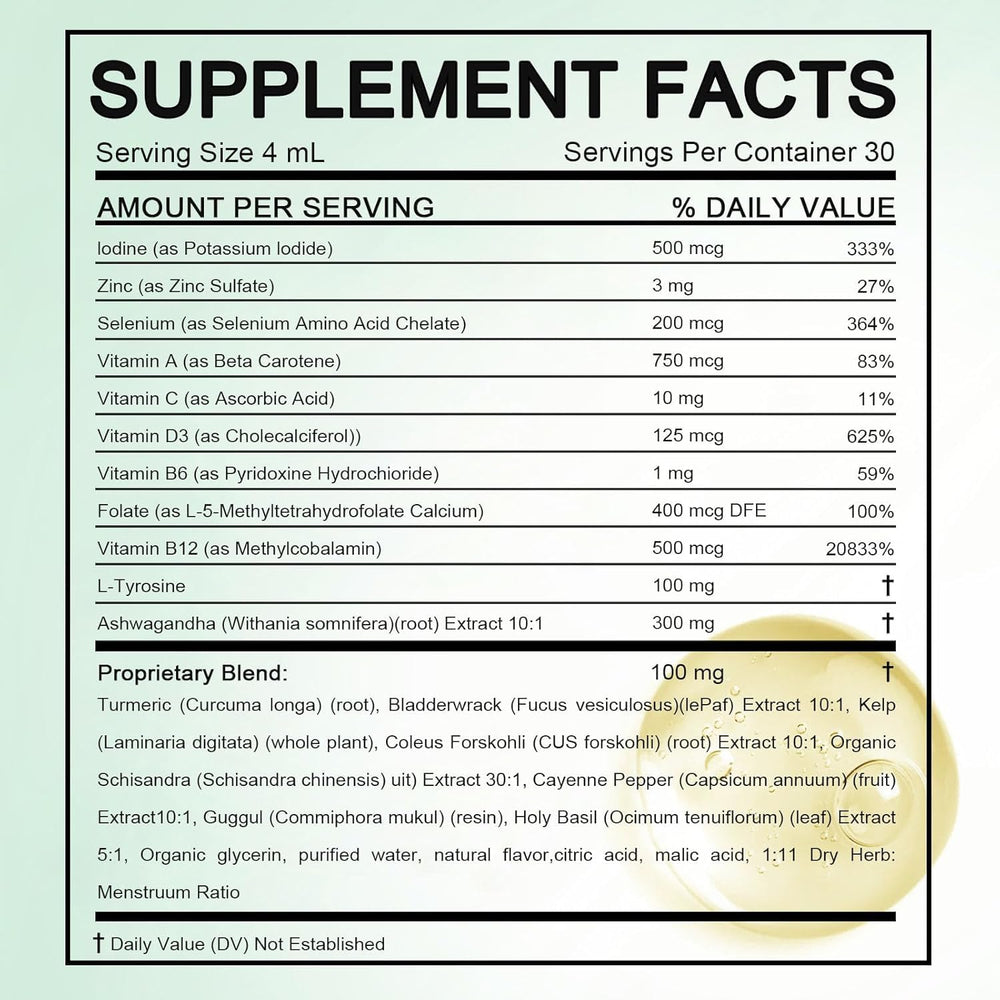 HABOHUSE Kindled Thyroid Drops bottle label closeup shows key ingredients.