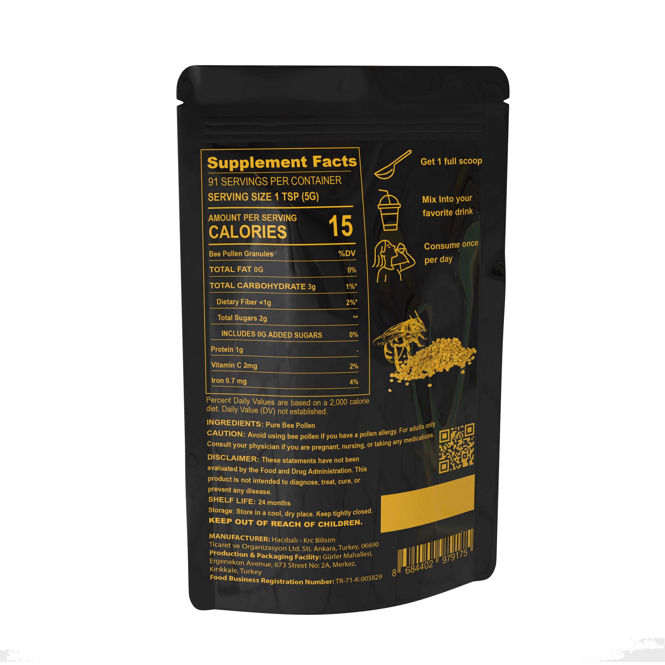 HACIBALI Bee Pollen granules close-up texture highlighting natural crystals and purity.