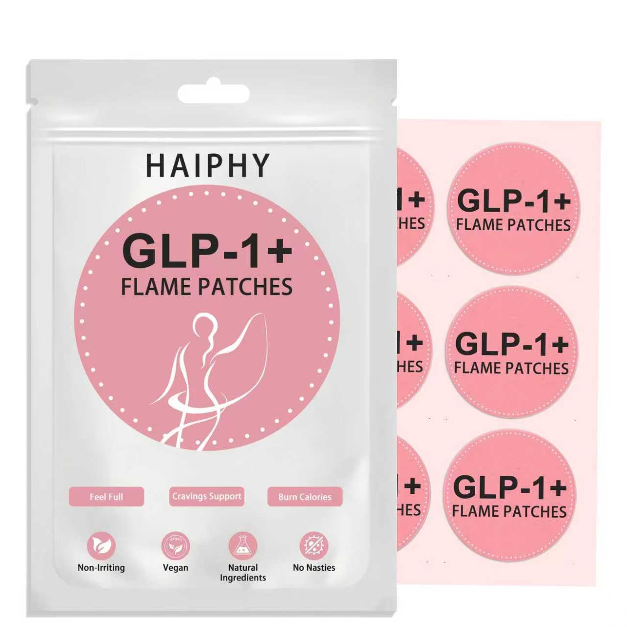 Haiphy GLP-1 patches packaging showing natural ingredients for daily health support.