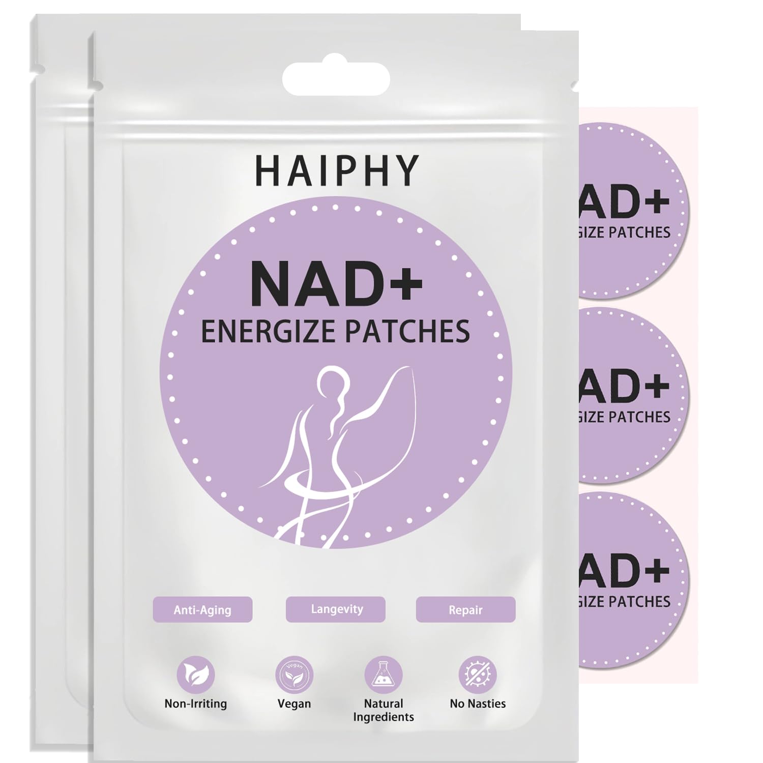 Haiphy NADPatches pack shot highlighting NMNH and Resveratrol for daily use
