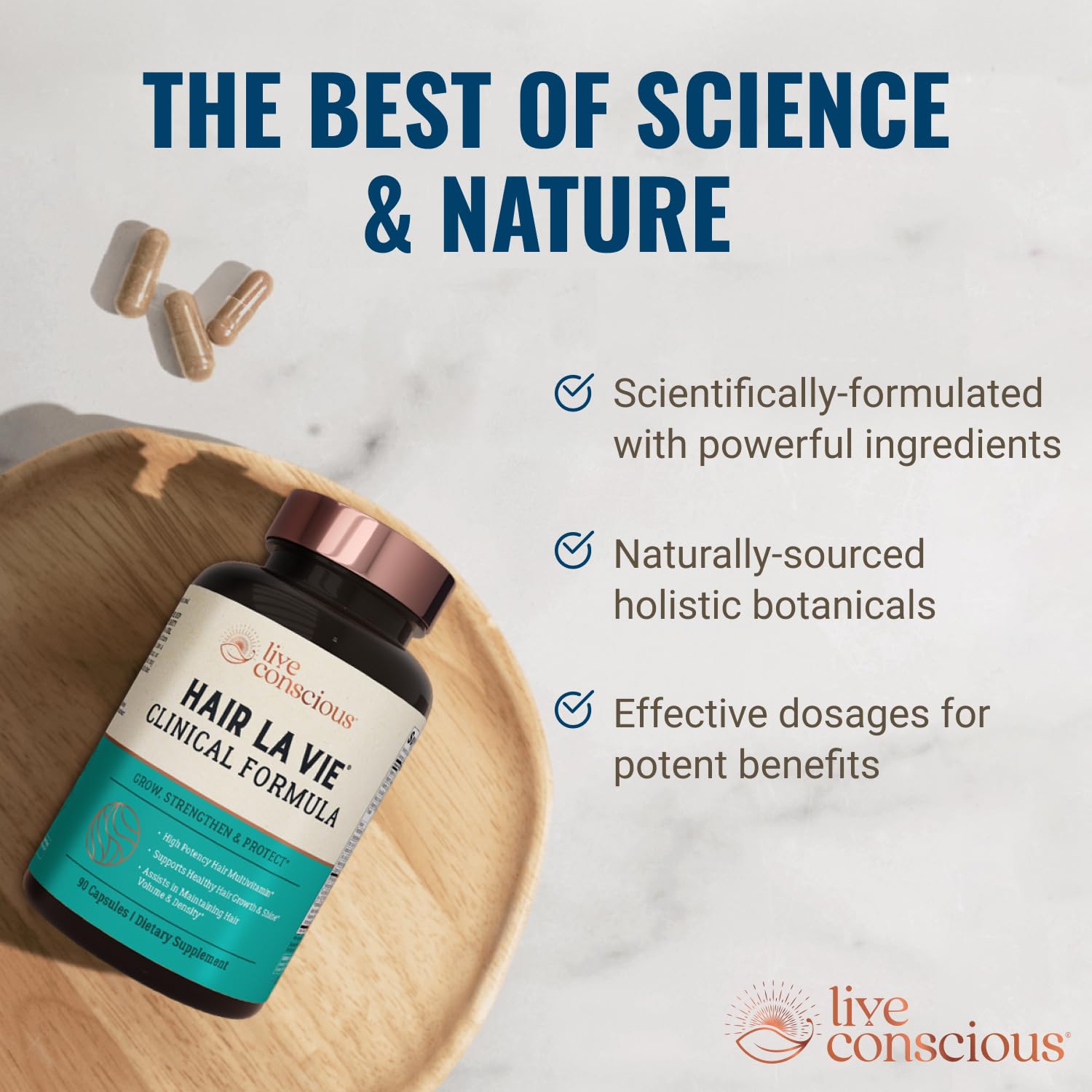 Hair La Vie clinical formula capsules closeup highlighting compact daily dose.