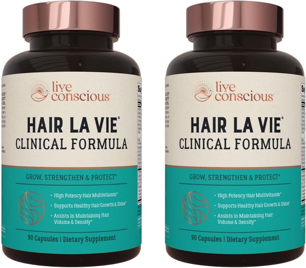 Hair La Vie Live Conscious bottle front showcasing the clinical formula for healthy hair support.