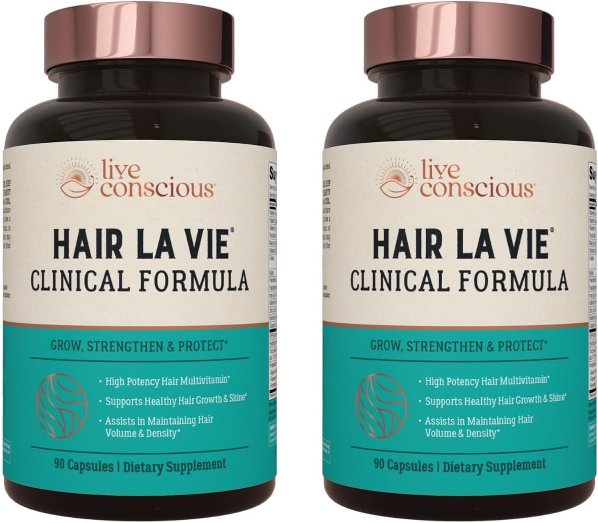 Hair La Vie Live Conscious bottle front showcasing the clinical formula for healthy hair support.