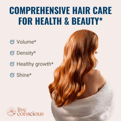 Hair La Vie Live Conscious bottle label closeup highlighting key nutrients for hair health.