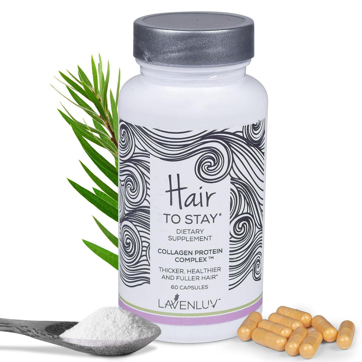 Hair to Stay growth pills bottle highlighting collagen for hair health