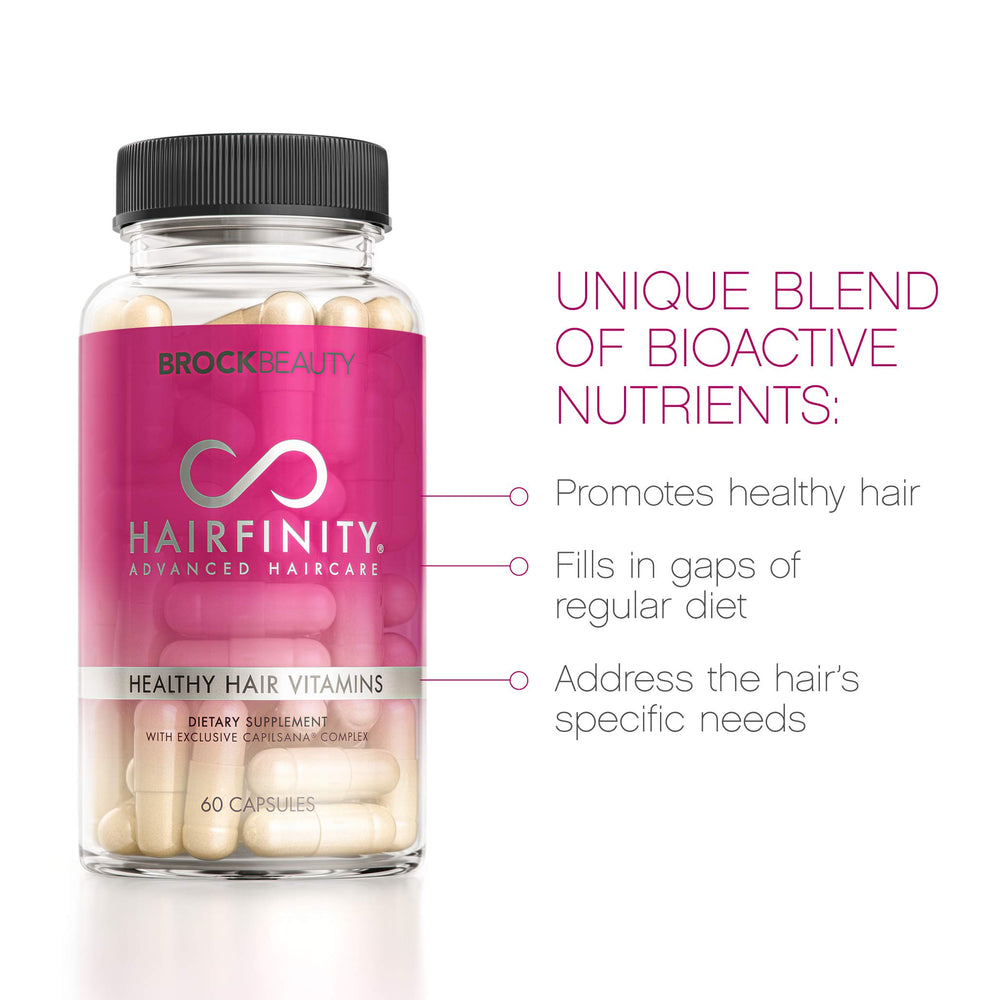 Hairfinity vegan capsules close-up highlighting a convenient daily supplement.