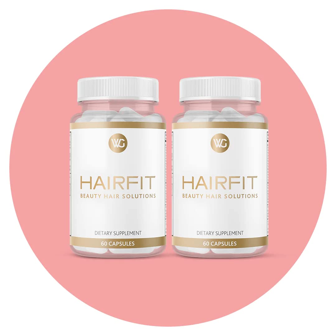 HAIRFIT vitamins bottle label closeup highlights key ingredients for stronger hair support.