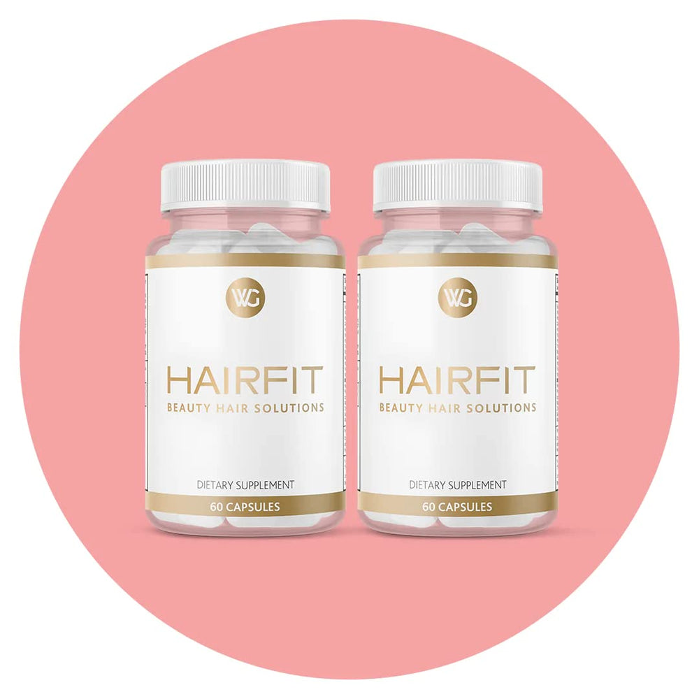 HAIRFIT vitamins bottle label closeup highlights key ingredients for stronger hair support.