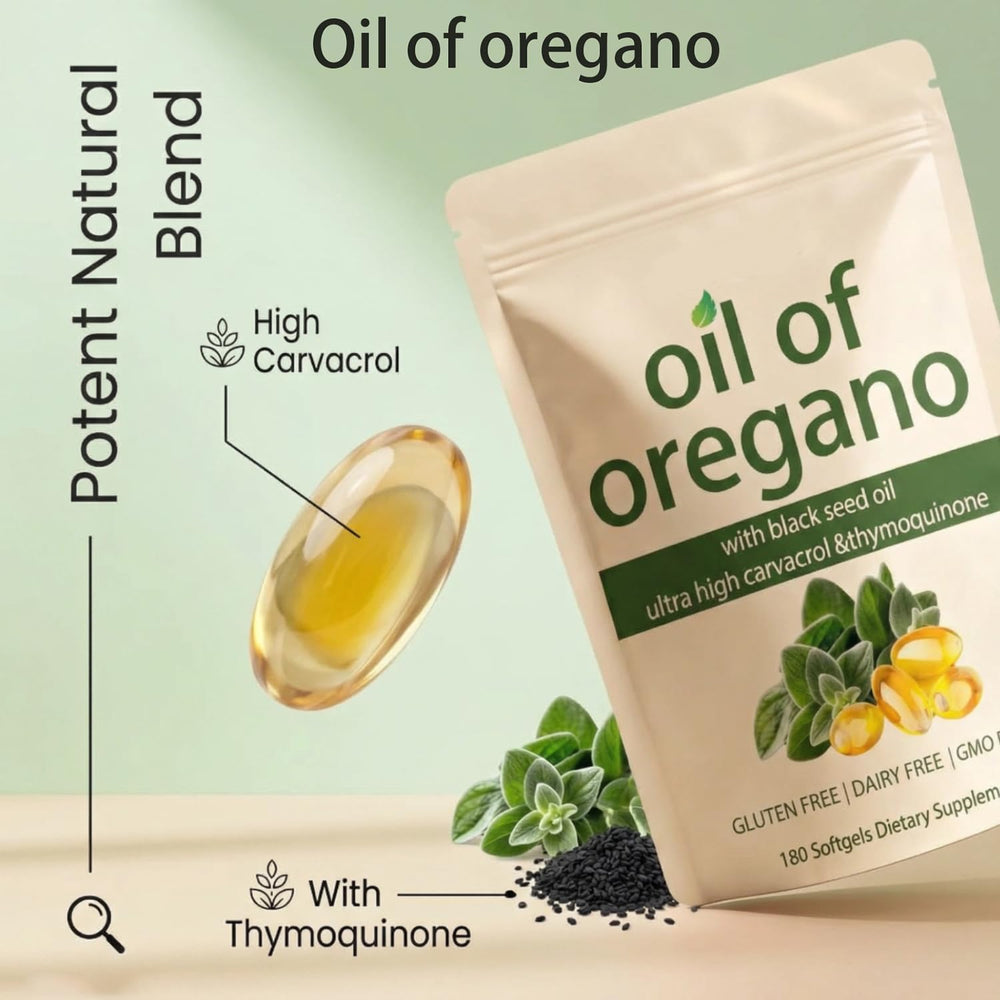 hairhalo two-in-one formula label highlighting oregano and black seed oil for daily balance