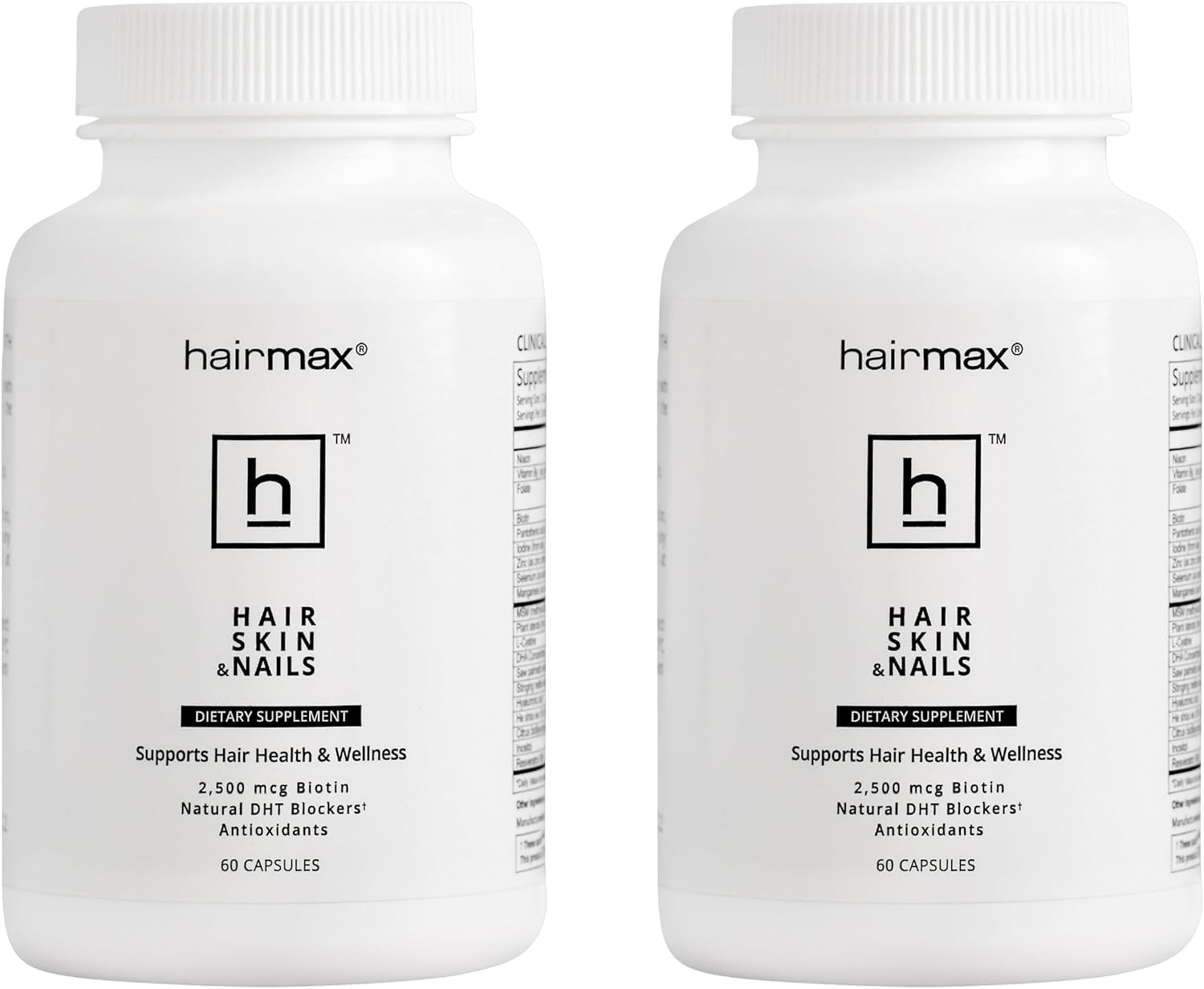 Hairmax biotin bottle label shows 2500 mcg for hair health and elasticity.