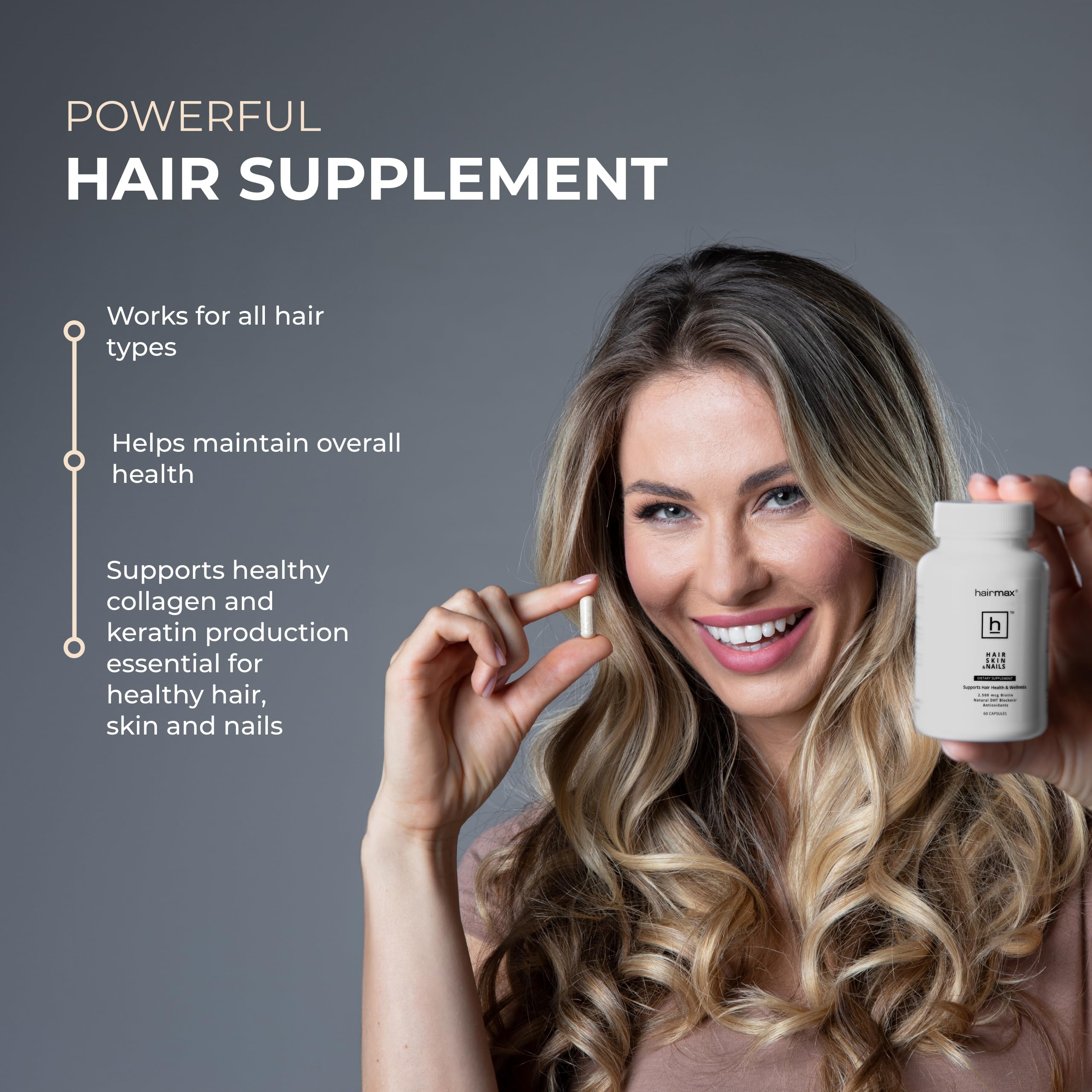 Hairmax nutrition facts panel details biotin and MSM benefits.