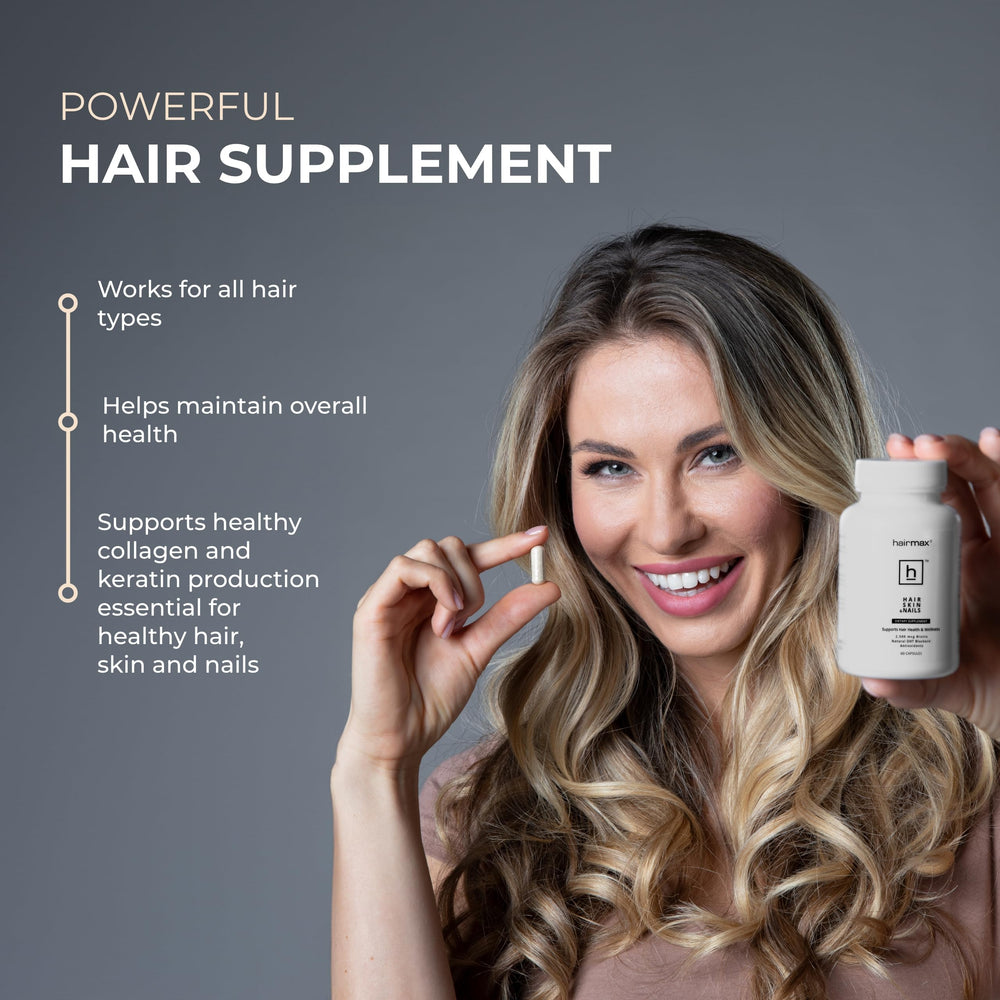 Hairmax nutrition facts panel details biotin and MSM benefits.