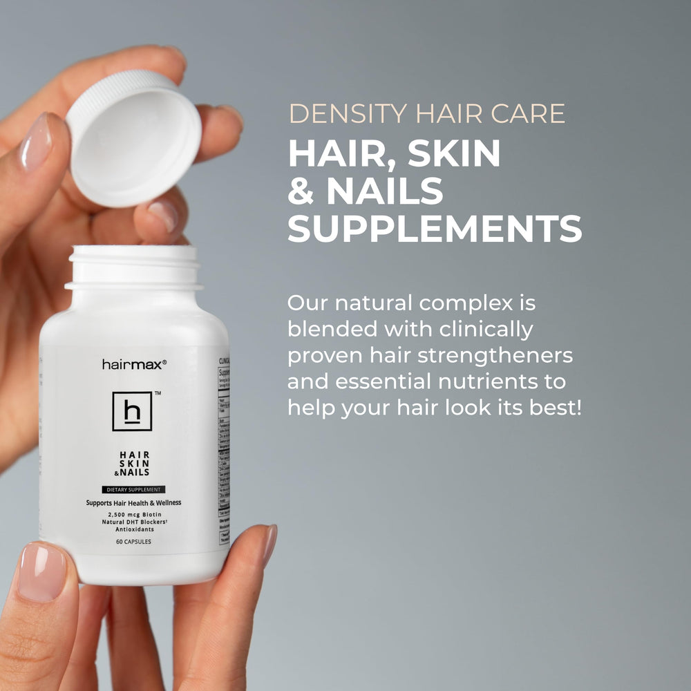 Hairmax packaging on shelf showing comprehensive hair, skin, and nails care.