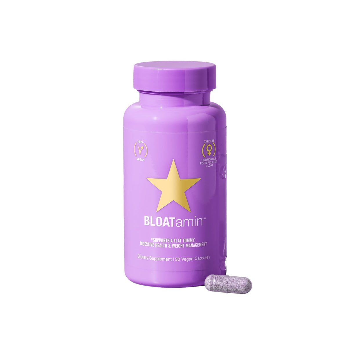 HAIRtamin BLOATamin bottle front showing vegan digestive support capsules