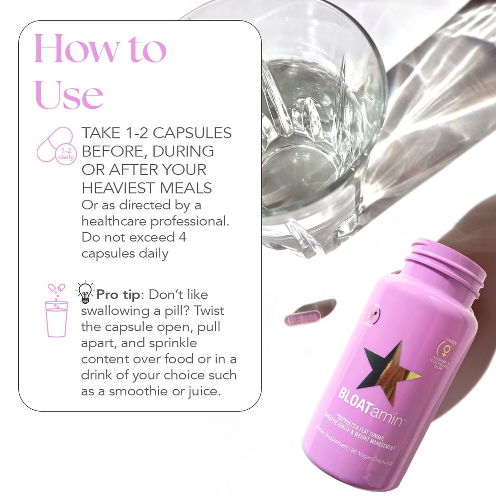 HAIRtamin BLOATamin daily-use image showing capsule intake before meals