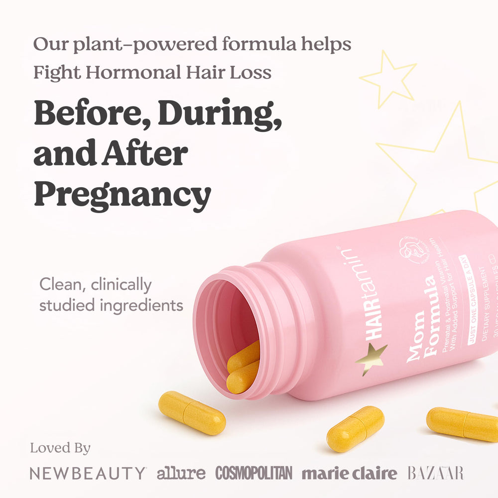 HAIRtamin MOM capsules on a clean surface for easy daily prenatal and postnatal support.