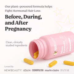 HAIRtamin MOM postnatal bottle featuring hair vitamin pills for postpartum hair health.