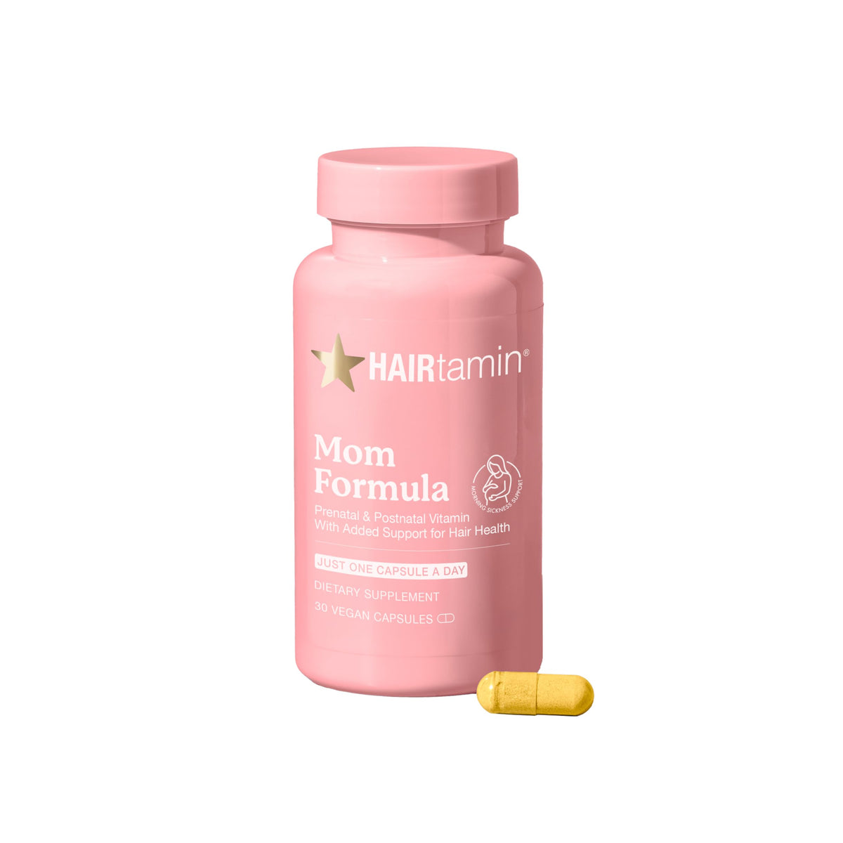 HAIRtamin MOM prenatal bottle with one-a-day capsules for prenatal wellness.