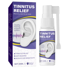 Hajoyful tinnitus relief spray bottle close-up shows soothing formula for ear comfort.