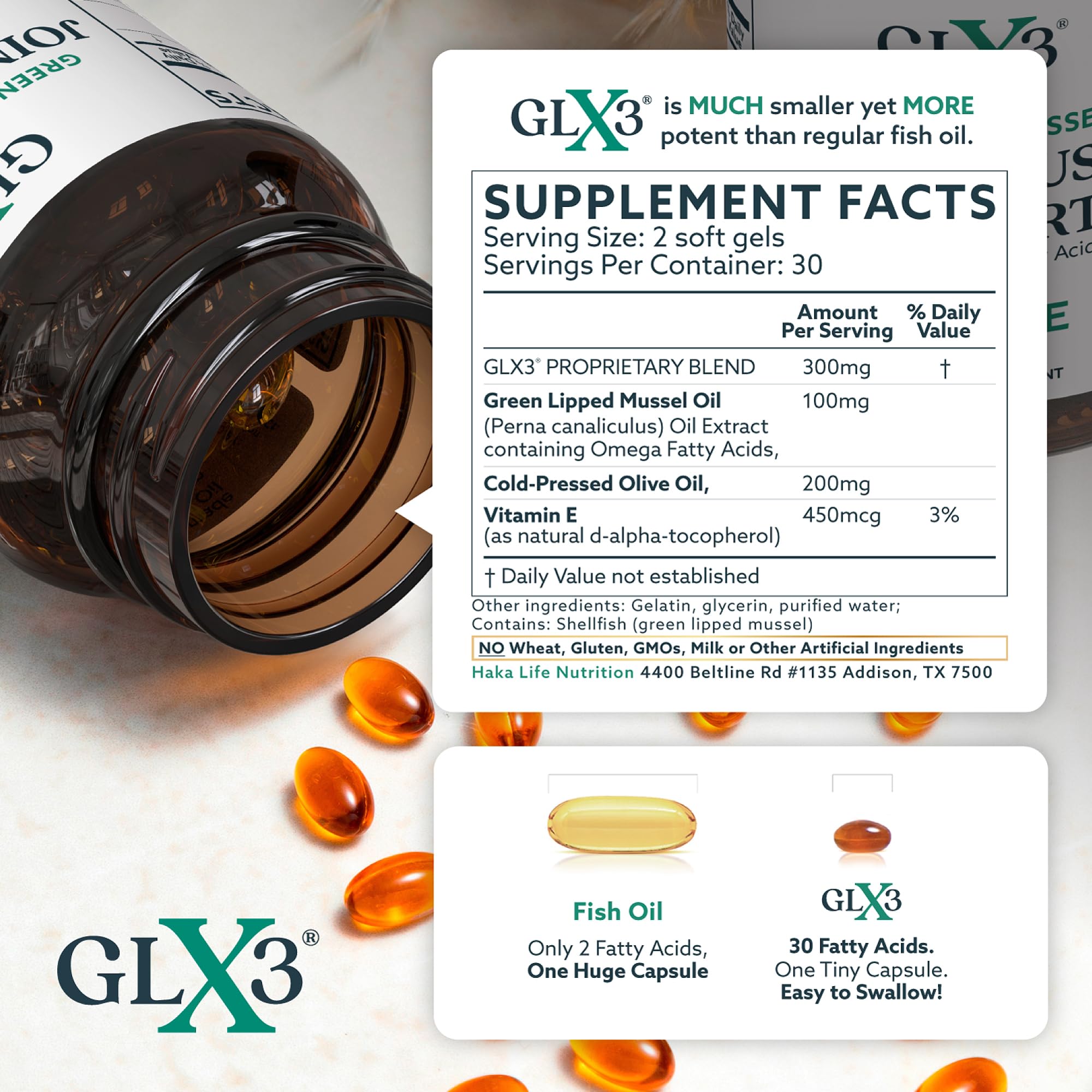 HAKA Life Nutrition GLX3 omega-3 oil gloss communicates premium quality and potency.