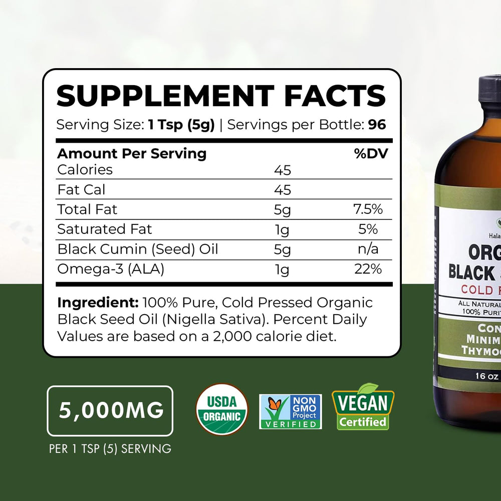 HalalEveryDay black seed oil glass bottle emphasizes premium packaging and freshness for kitchen and skincare