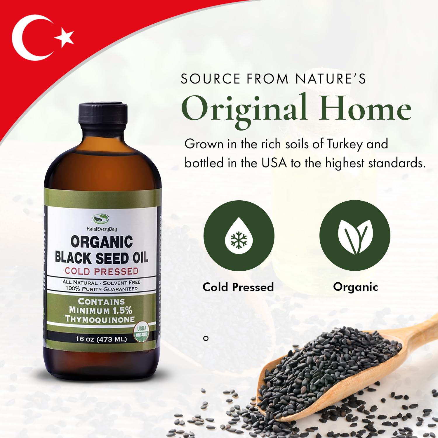 HalalEveryDay black seed oil ingredients close-up shows Nigella Sativa source