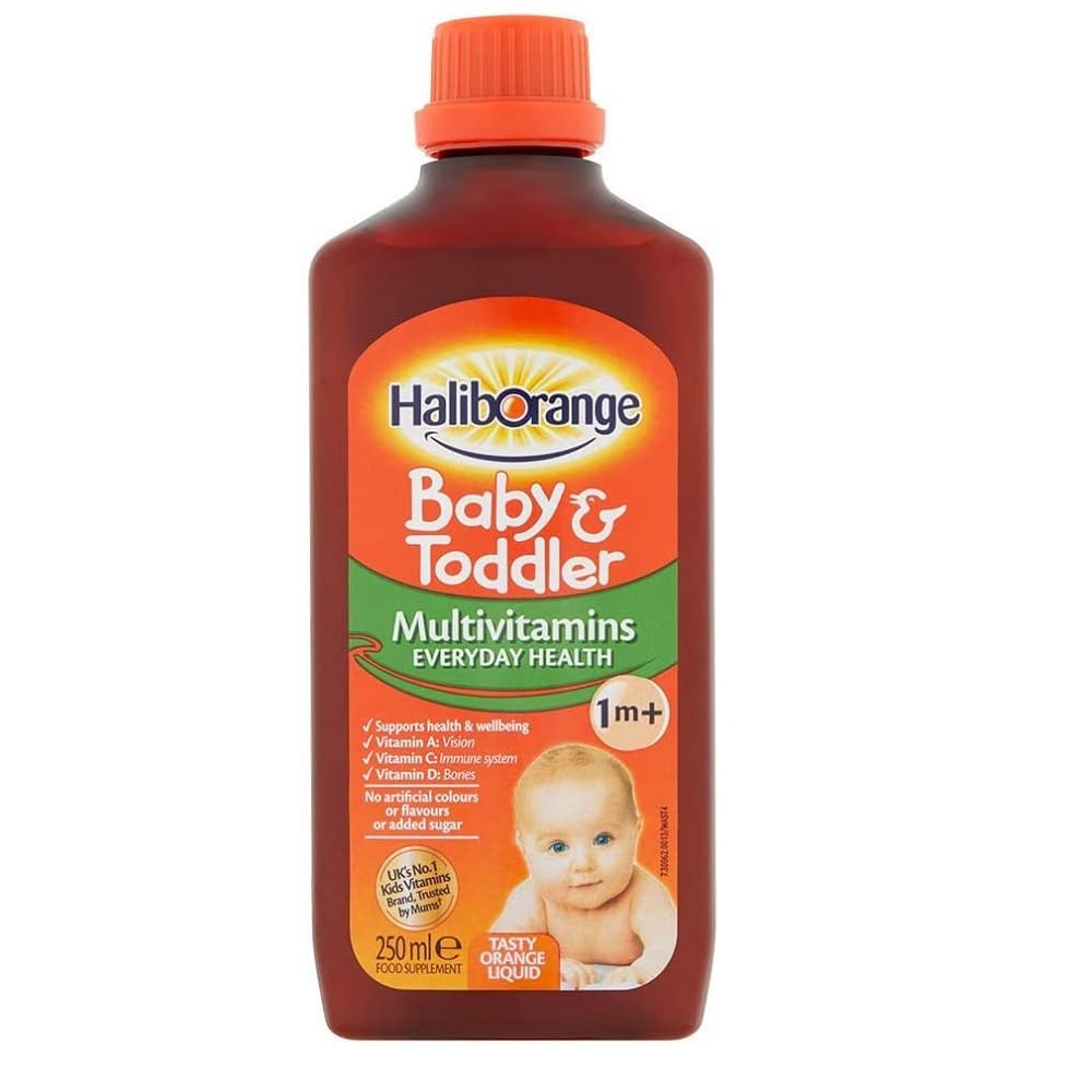 Haliborange Baby and Toddler Liquid bottle showing vitamin blend for daily support.