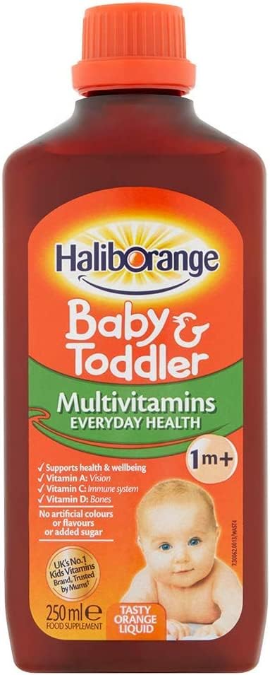Close-up of Haliborange label confirms nine essential vitamins.