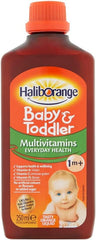 Close-up of Haliborange label confirms nine essential vitamins.
