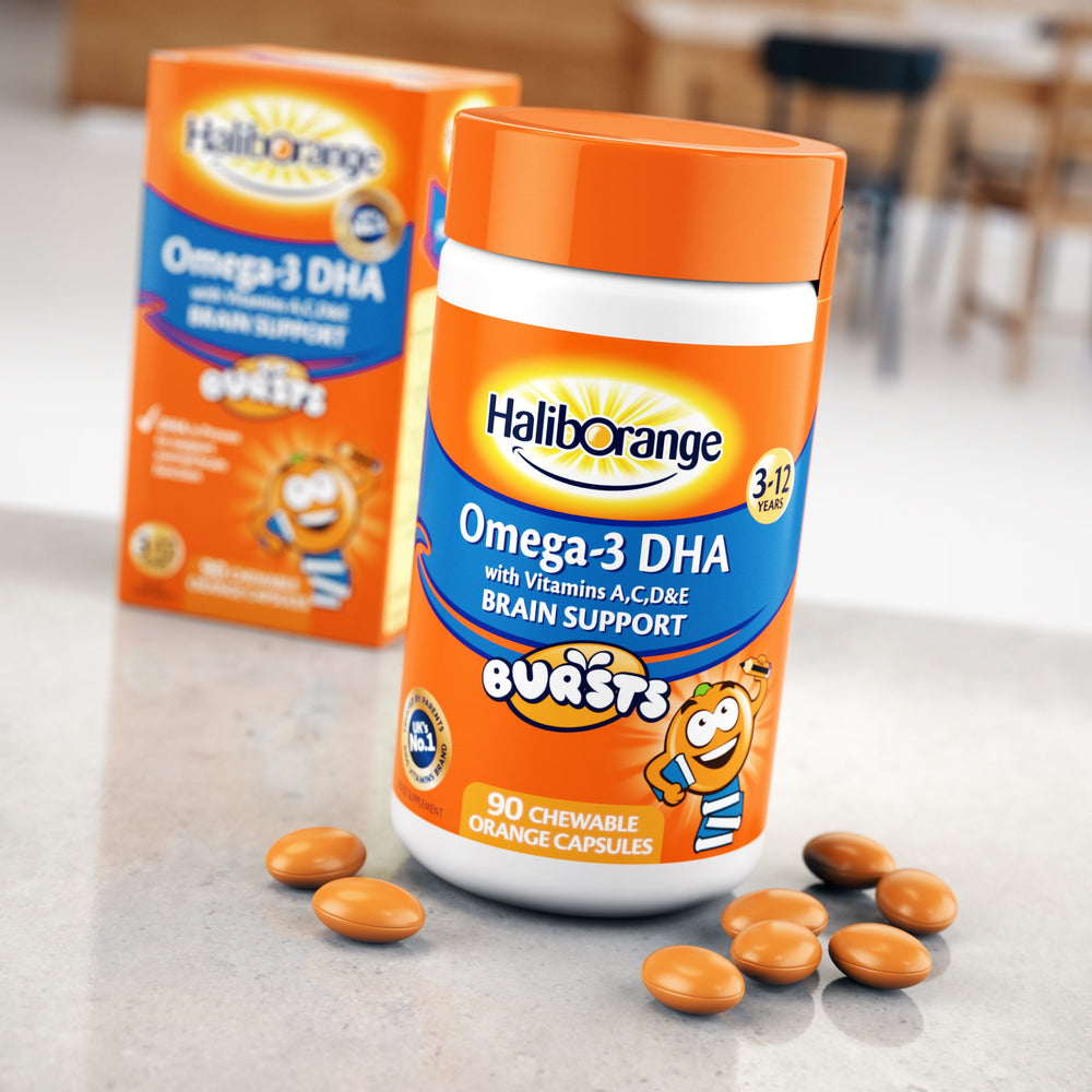 Haliborange Kids Omega-3 bottle-90-capsules shown for everyday use by children.