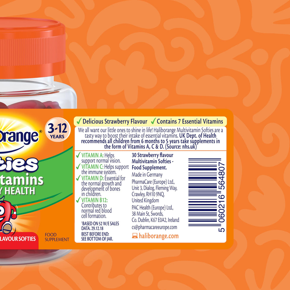 Haliborange Kids Softies Strawberry bottle count shown on packaging