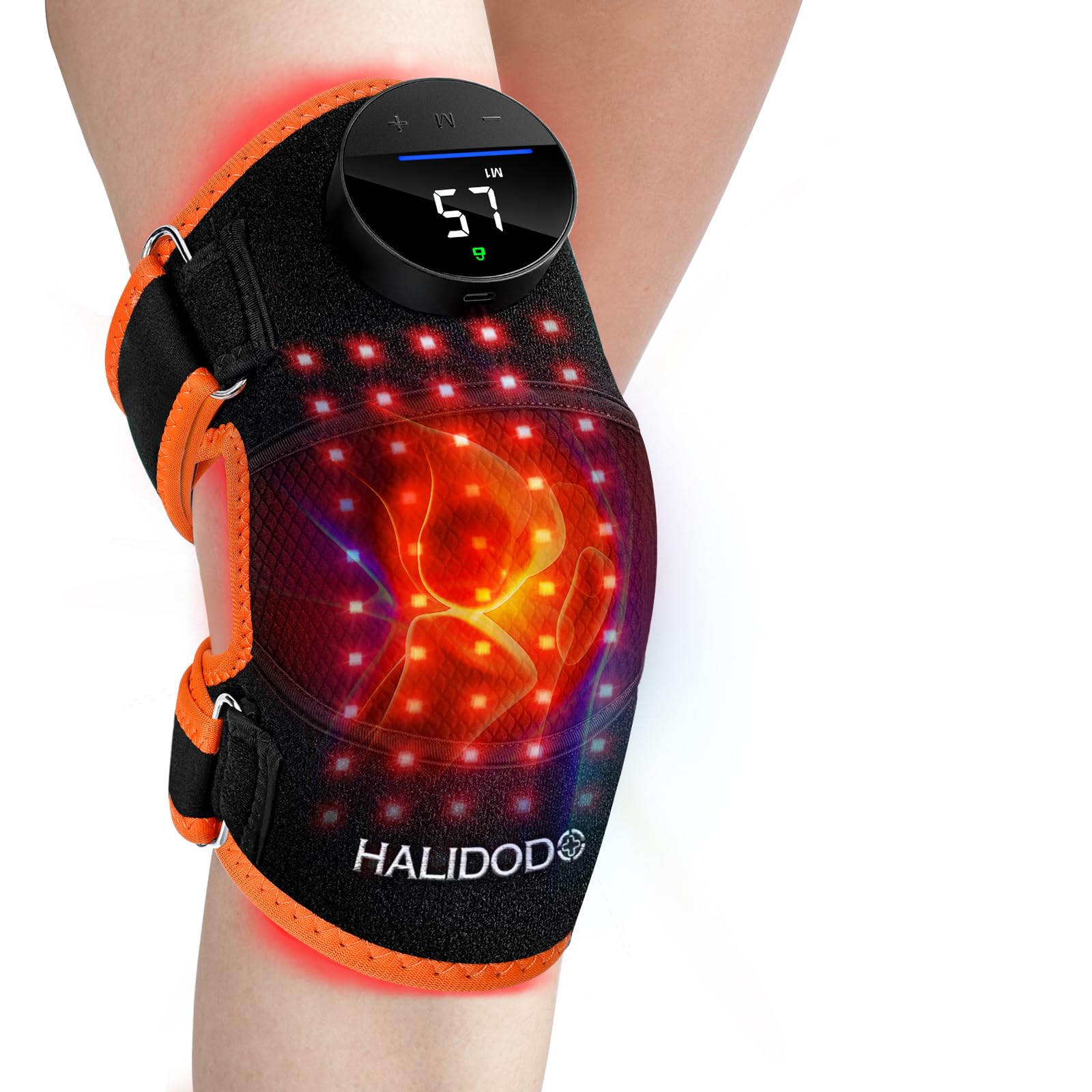 HALIDODO red light knee brace front view showing dual light therapy and massage for joint comfort