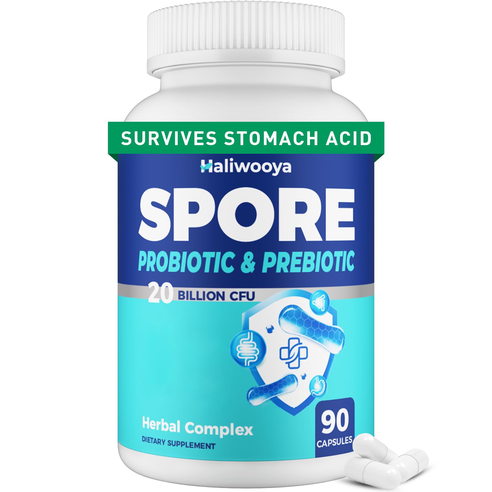 Haliwooya Spore Probiotic bottle showing 20B CFU potency for daily support
