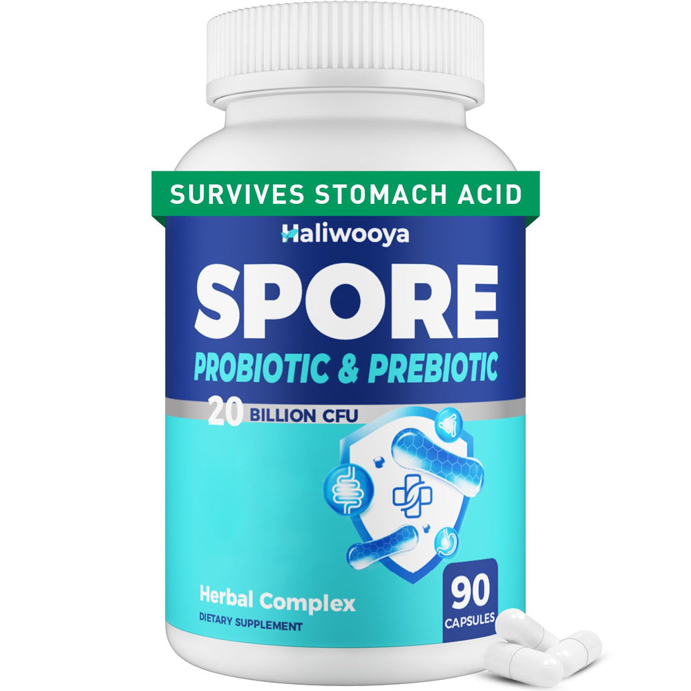 Haliwooya Spore Probiotic bottle showing 20B CFU potency for daily support